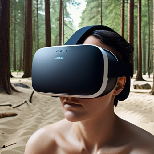 Home 6 **
A person wearing a VR headset immersed in a calming virtual landscape (e.g., a serene forest or beach). The person is visibly relaxed, suggesting pain relief. In the background, subtle digital interfaces hint at the VR technology's therapeutic application. Focus on conveying a sense of tranquility and escape from pain through virtual reality.
**