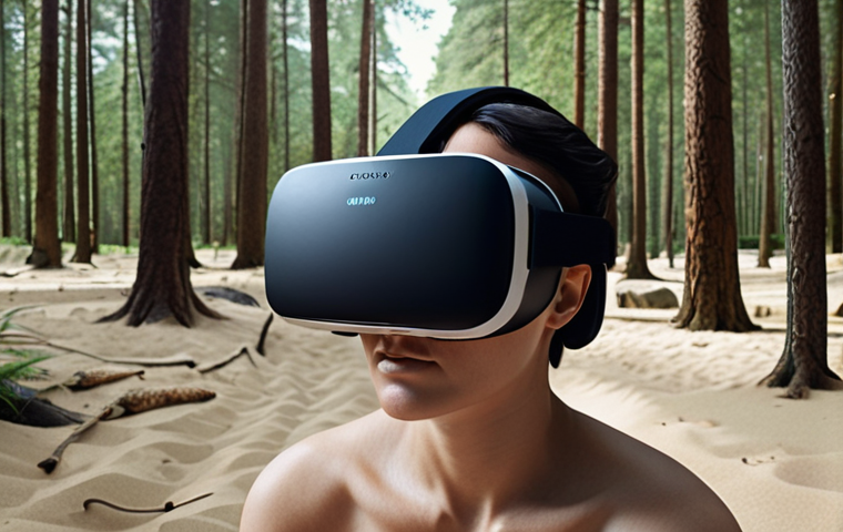 **

A person wearing a VR headset immersed in a calming virtual landscape (e.g., a serene forest or beach). The person is visibly relaxed, suggesting pain relief. In the background, subtle digital interfaces hint at the VR technology's therapeutic application. Focus on conveying a sense of tranquility and escape from pain through virtual reality.

**