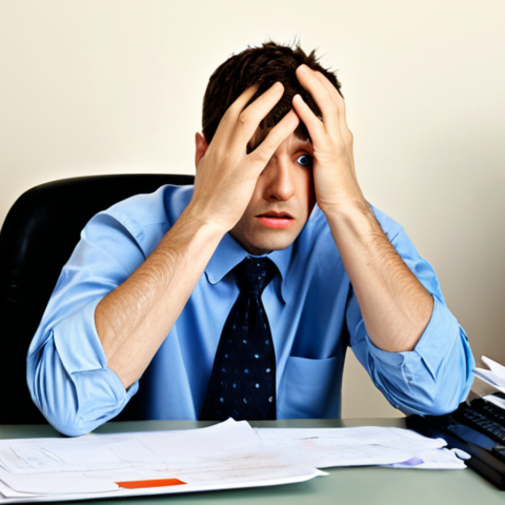 Overwhelmed Office Worker**
"A professional office worker, fully clothed in a modest business casual outfit, sitting at a cluttered desk piled high with paperwork and a computer displaying error messages. The office environment is modern but slightly disorganized. Expression is one of frustration and exhaustion. Safe for work, appropriate content, perfect anatomy, natural proportions, well-formed hands, proper finger count, professional, family-friendly, high quality, digital illustration."
**
