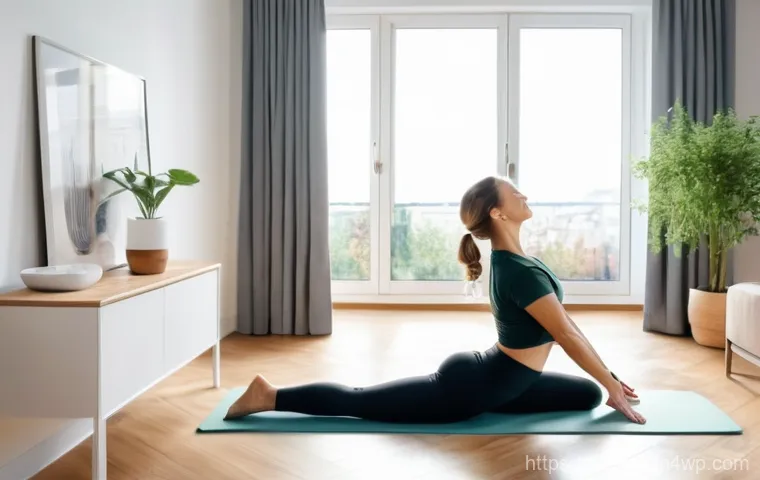디지털 페인 관리의 경쟁 분석 - A calm, focused person in their late 30s, dressed in comfortable athleisure wear (yoga pants and a t...