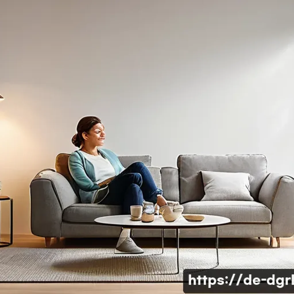디지털 페인 관리와 데이터 보안 문제 - A modern German living room featuring a middle-aged woman relaxing under smart ambient lighting that...