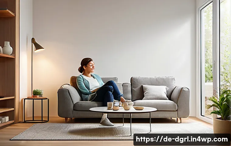 디지털 페인 관리와 데이터 보안 문제 - A modern German living room featuring a middle-aged woman relaxing under smart ambient lighting that...