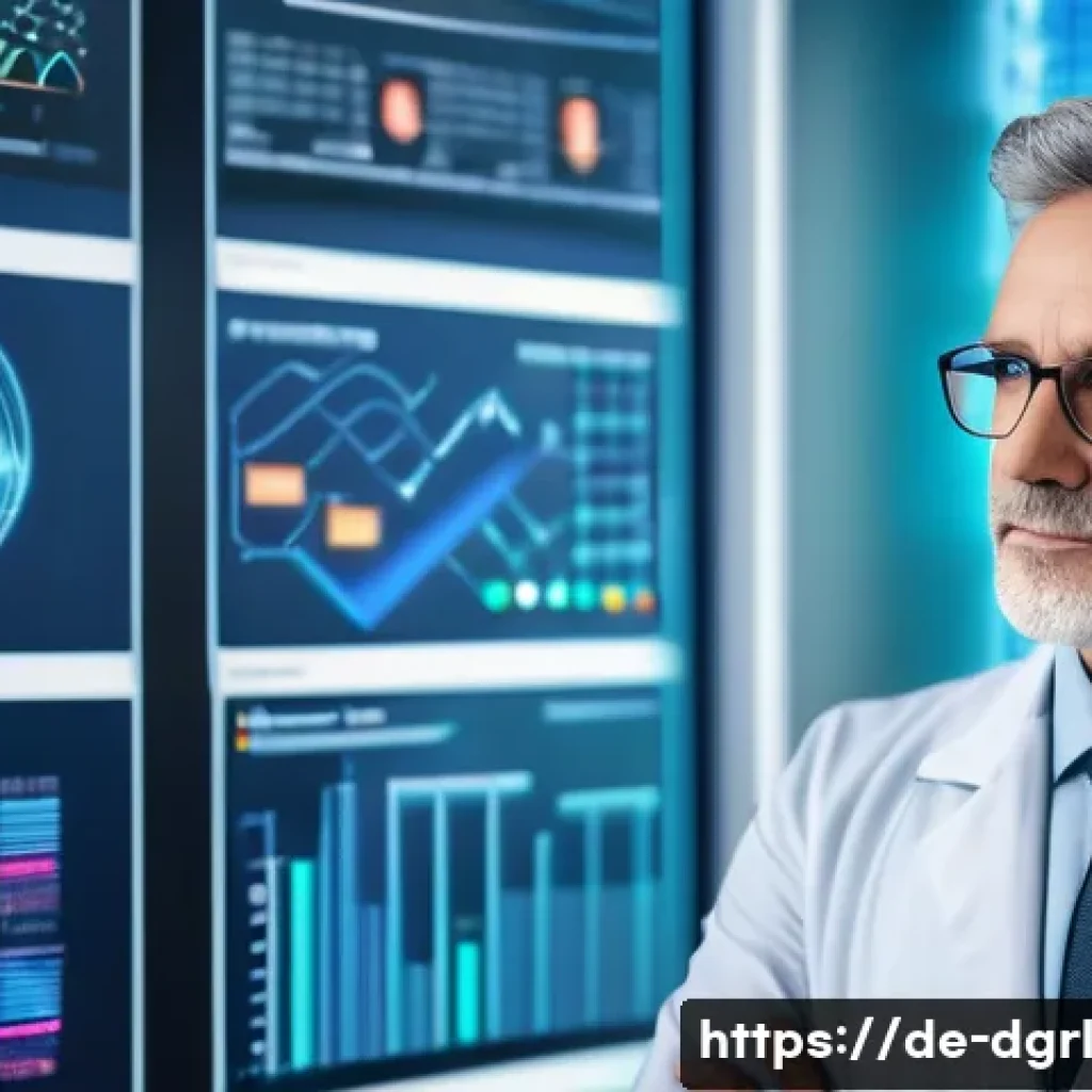 디지털 페인 관리의 이해관계자 분석 - A modern, bright medical office scene featuring a middle-aged German doctor using a sleek tablet dis...