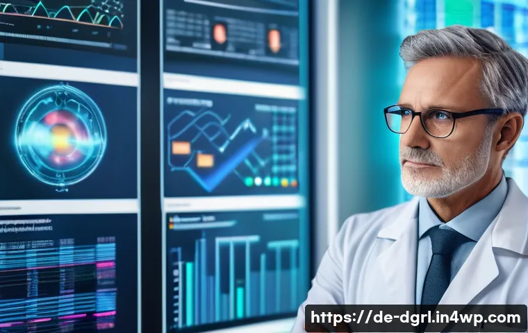 디지털 페인 관리의 이해관계자 분석 - A modern, bright medical office scene featuring a middle-aged German doctor using a sleek tablet dis...