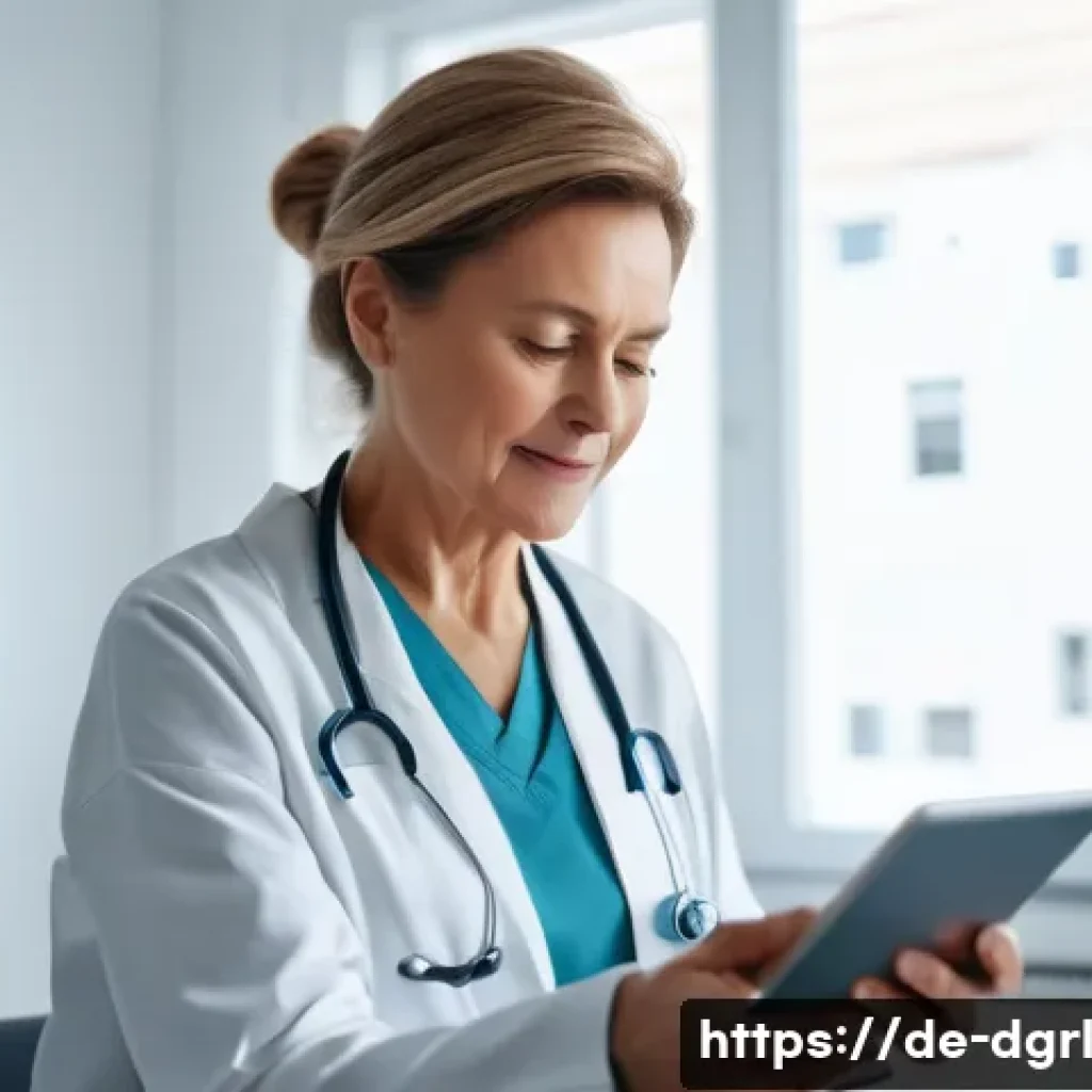 디지털 페인 관리의 성과 평가 방법 - A modern German medical clinic scene showing a middle-aged female patient interacting with a digital...