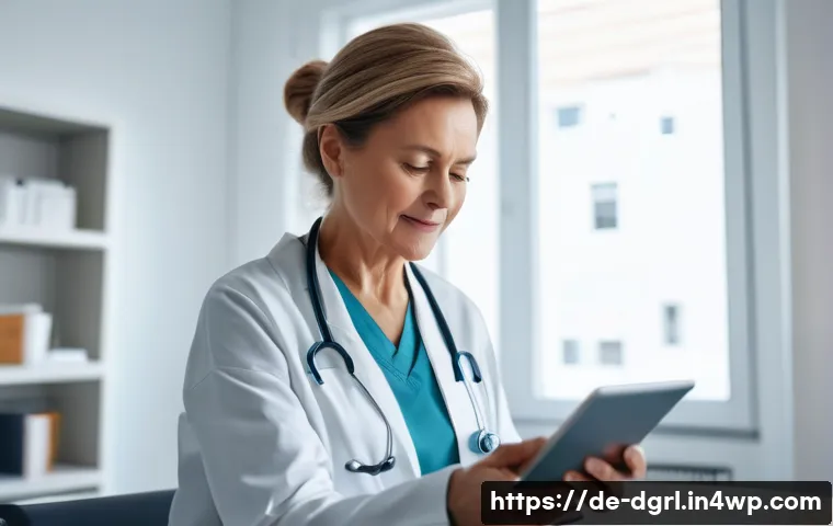 디지털 페인 관리의 성과 평가 방법 - A modern German medical clinic scene showing a middle-aged female patient interacting with a digital...