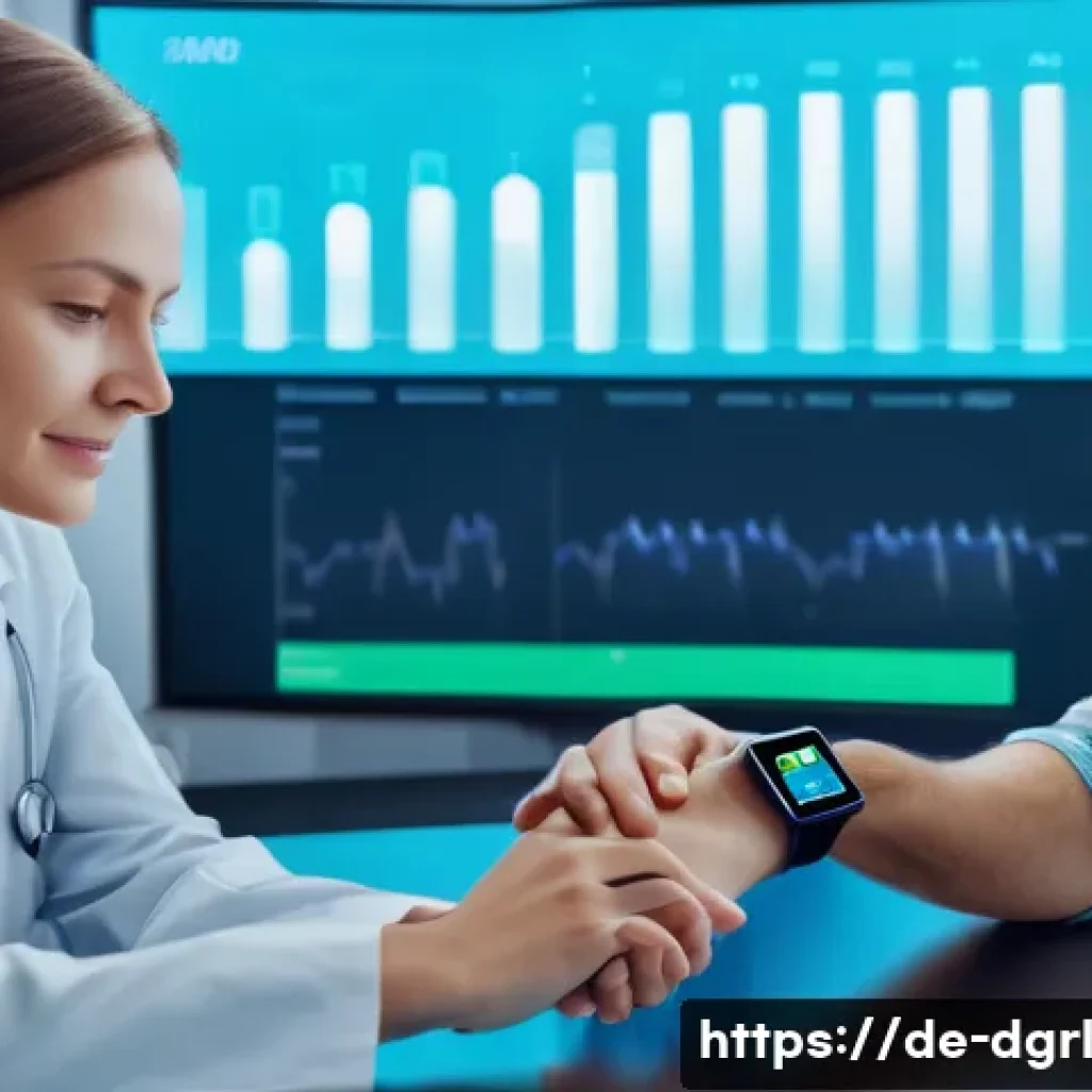 디지털 페인 관리의 데이터 기반 의사결정 - A modern German healthcare setting showcasing a diverse group of patients wearing advanced wearable ...