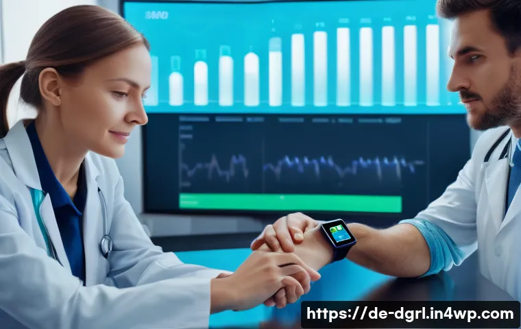 디지털 페인 관리의 데이터 기반 의사결정 - A modern German healthcare setting showcasing a diverse group of patients wearing advanced wearable ...