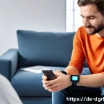 디지털 페인 관리의 기술적 발전 - A modern German patient wearing a sleek, discreet medical wearable on the wrist, seated comfortably ...