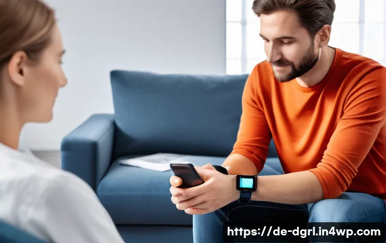 디지털 페인 관리의 기술적 발전 - A modern German patient wearing a sleek, discreet medical wearable on the wrist, seated comfortably ...