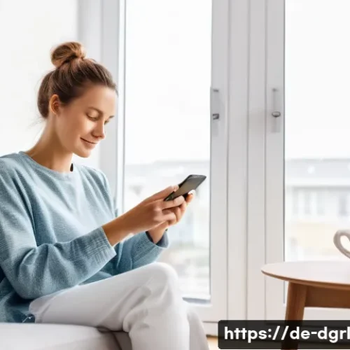 디지털 페인 관리와 의료 서비스의 통합 - A modern German woman in her 30s using a smartphone app to track her chronic pain at home, sitting c...