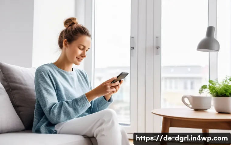 디지털 페인 관리와 의료 서비스의 통합 - A modern German woman in her 30s using a smartphone app to track her chronic pain at home, sitting c...