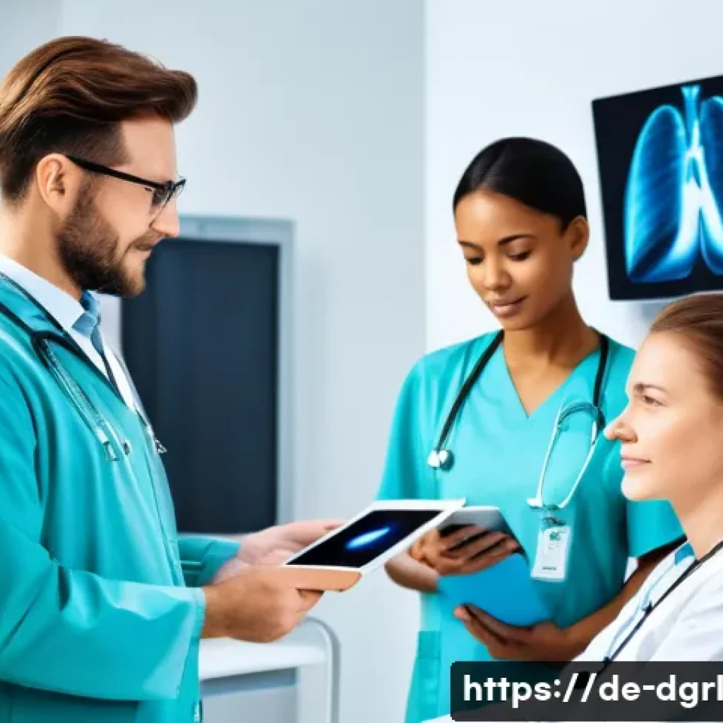 디지털 페인 관리의 파트너십 모델 - A modern hospital room scene showing a diverse team of doctors and nurses using digital pain managem...