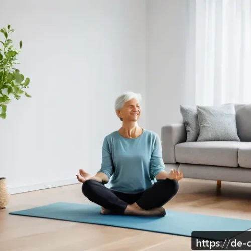 디지털 페인 관리의 모바일 솔루션 - A middle-aged German woman sitting comfortably in a modern living room, using a smartphone app to fo...
