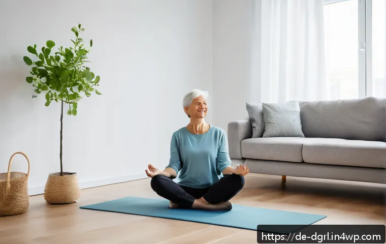 디지털 페인 관리의 모바일 솔루션 - A middle-aged German woman sitting comfortably in a modern living room, using a smartphone app to fo...