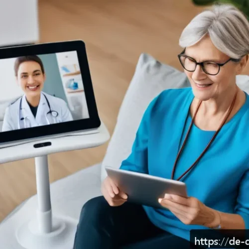 디지털 페인 관리의 스케일링 전략 - A modern digital health consultation scene in a cozy German living room, featuring a middle-aged wom...