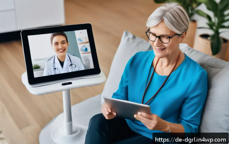 디지털 페인 관리의 스케일링 전략 - A modern digital health consultation scene in a cozy German living room, featuring a middle-aged wom...