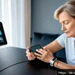 디지털 페인 관리의 응용 분야 - A modern digital pain therapy setup featuring a middle-aged German woman using a smartwatch and sens...