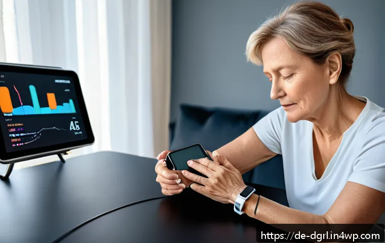 디지털 페인 관리의 응용 분야 - A modern digital pain therapy setup featuring a middle-aged German woman using a smartwatch and sens...