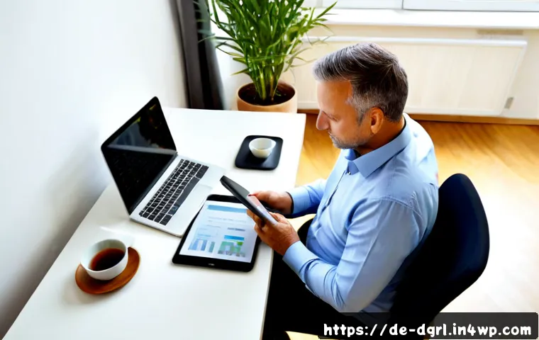 Home 17 디지털 페인 관리의 효과적인 실행 전략 - Photorealistic home office scene in Germany, a middle-aged professional calmly reviewing a digital p...